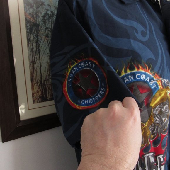 Choppers Urban Coast Men's Shirt Button Up Blue Motorcycle Graphics Size XL - Picture 7 of 9